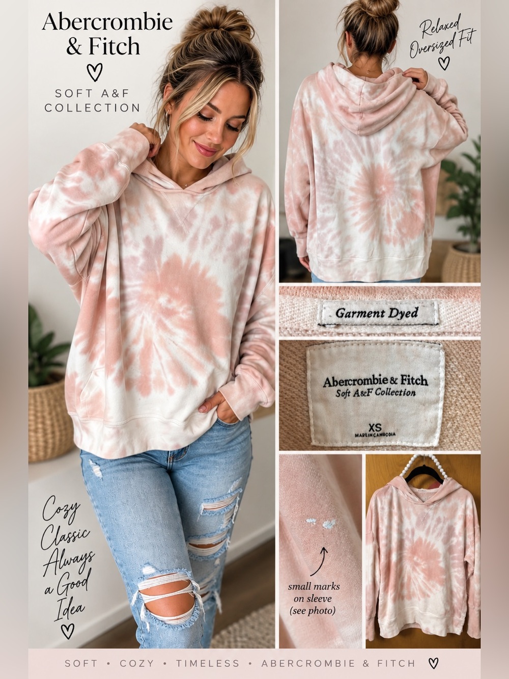 Abercrombie & Fitch Soft A&F Pink Cream Tie Dye Hoodie XS